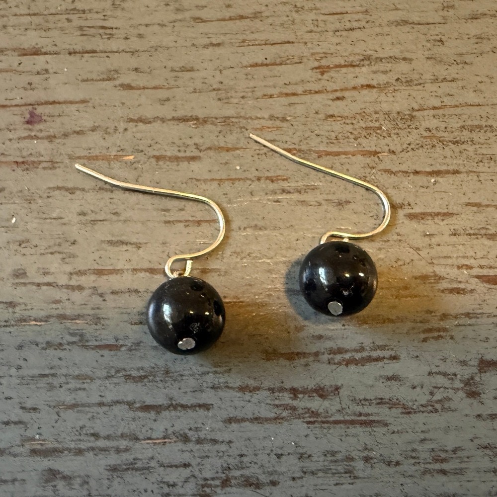 Black Bead Drop Earrings Silver Tone Fishhook Dangle Minimalist Jewelry